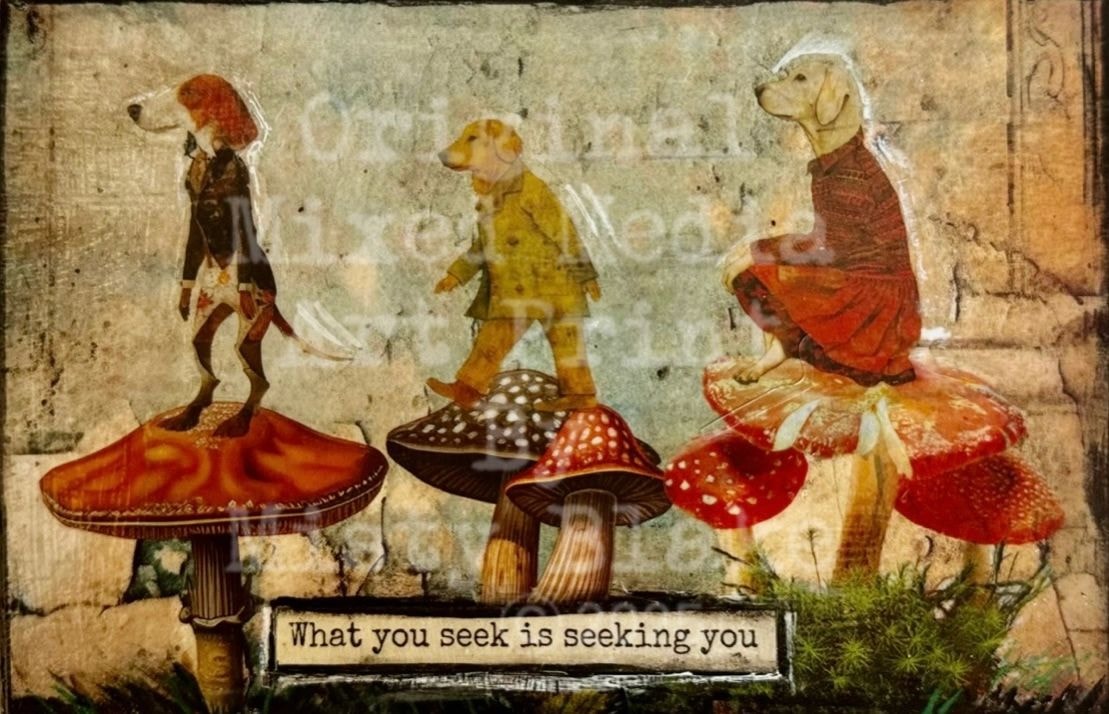 Anthropomorphic dogs standing on mushrooms vintage art
