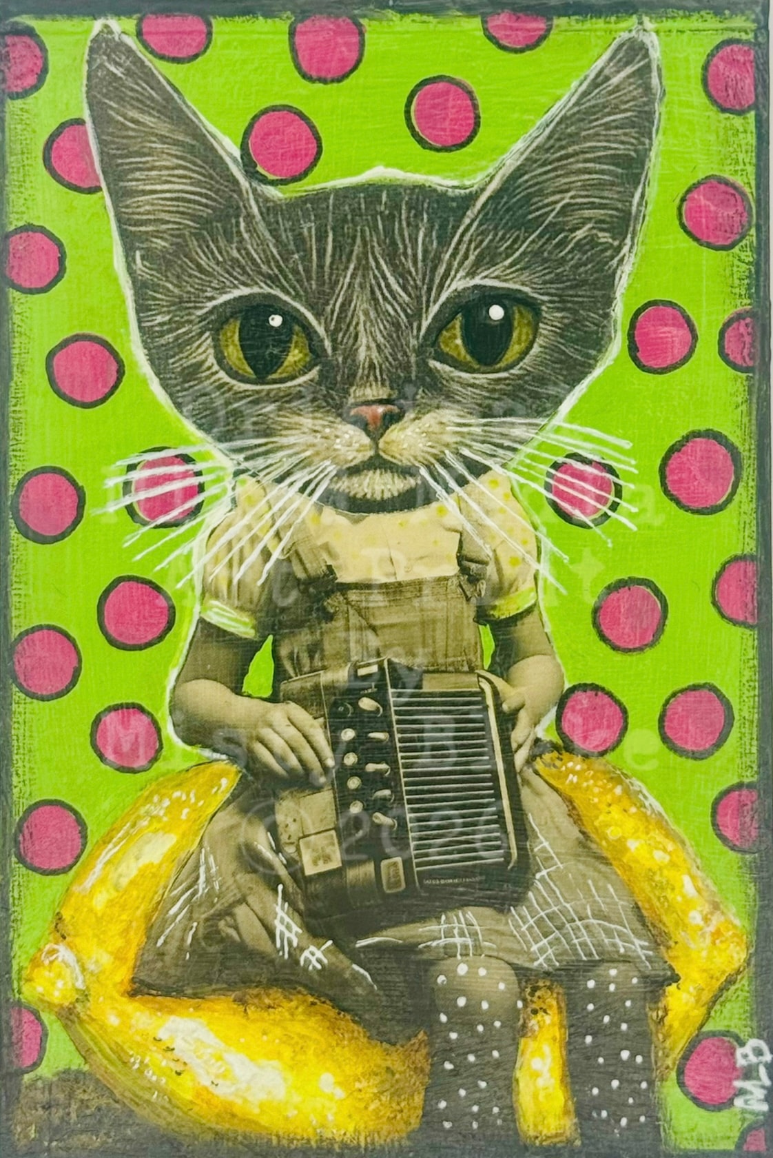 Cat playing accordion lime green polka dot background