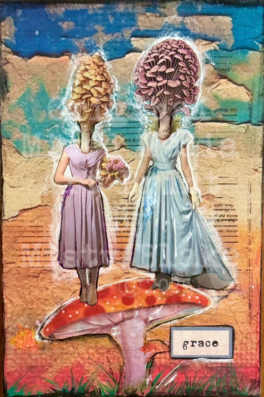 Mushroom-headed women on toadstool grace surreal collage