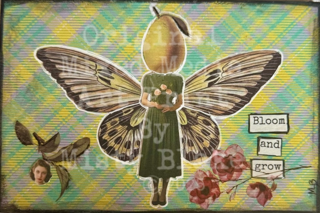Bloom and grow winged figure with butterfly wings and botanical elements collage