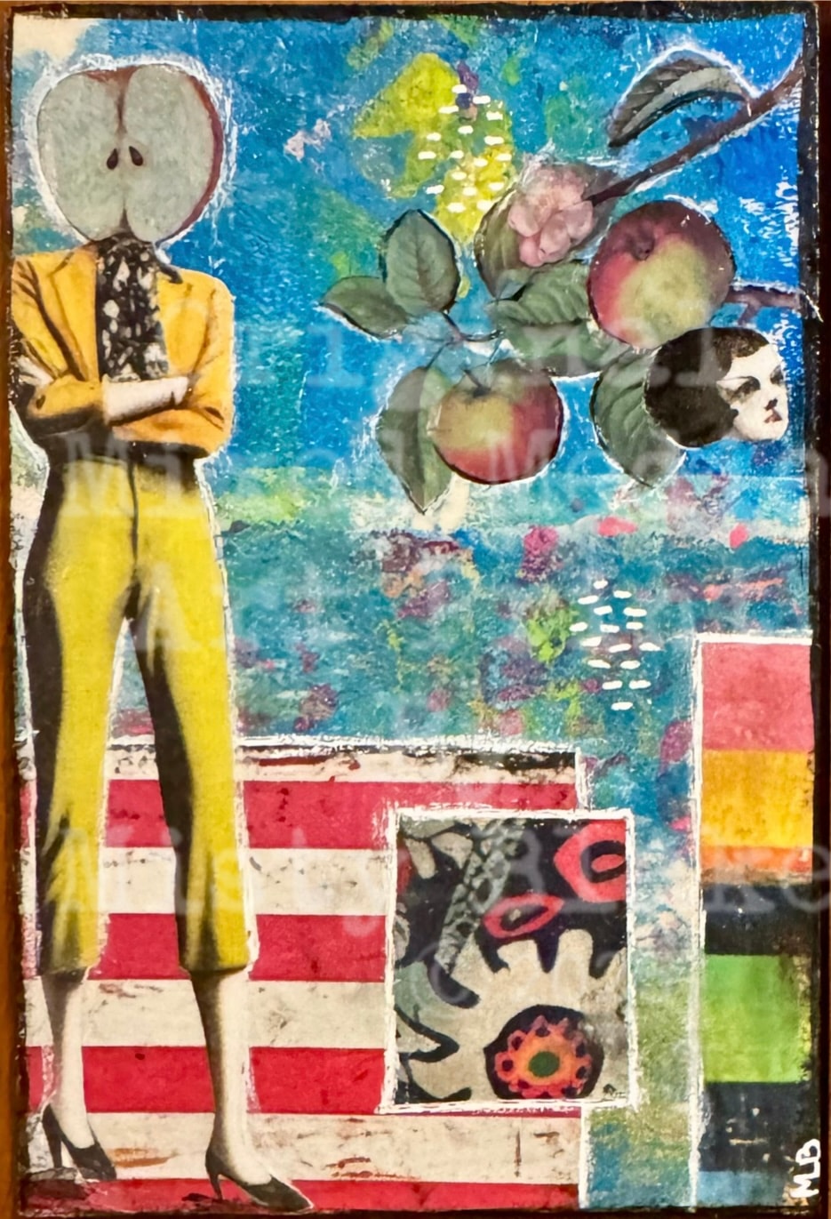 Apple-headed figure in yellow clothing with floating fruits surreal collage