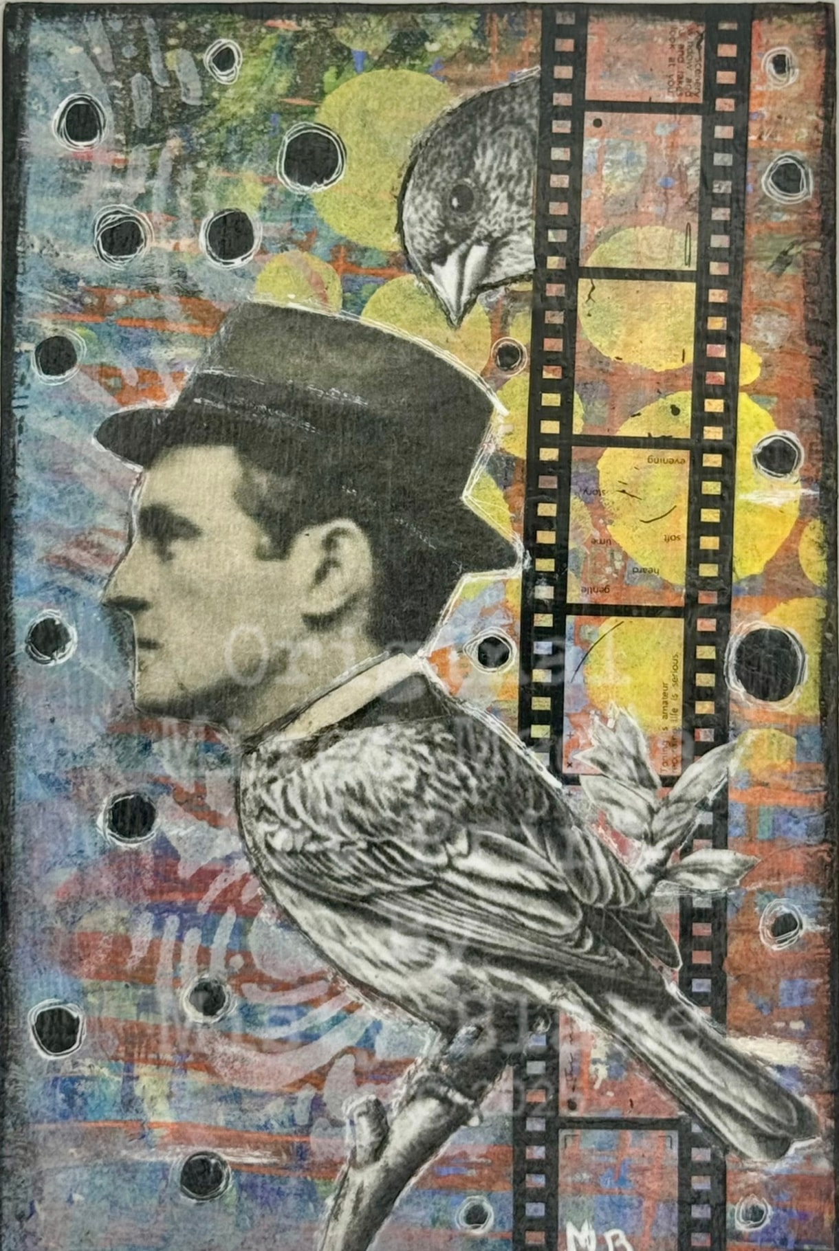 Vintage man with top hat bird and film strip mixed media collage