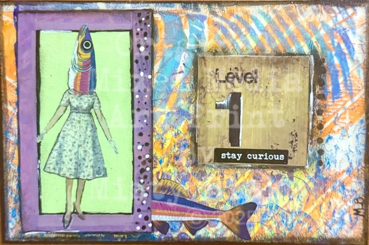 Mixed media art fish-headed woman collage