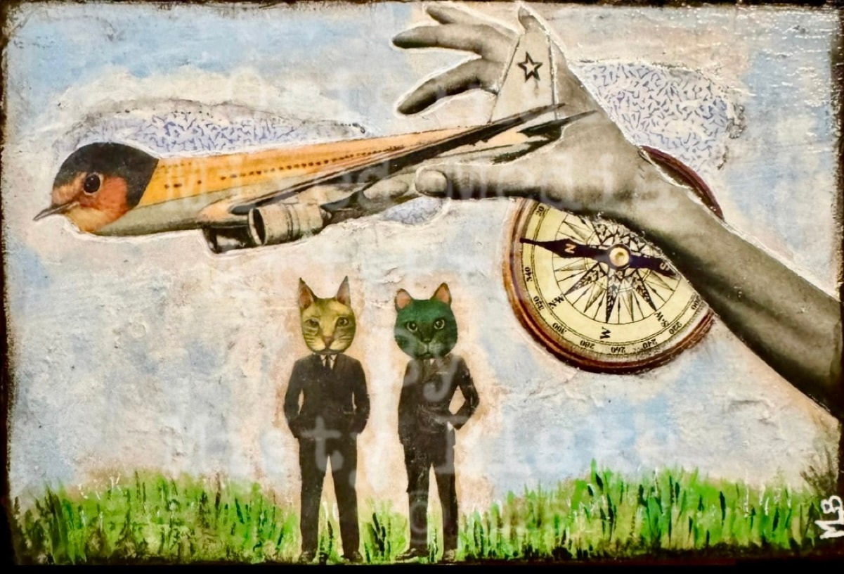 Cat-headed figures in suits with bird airplane and compass collage