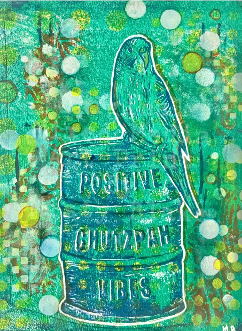 Positive chutzpah vibes parakeet on tin can teal collage