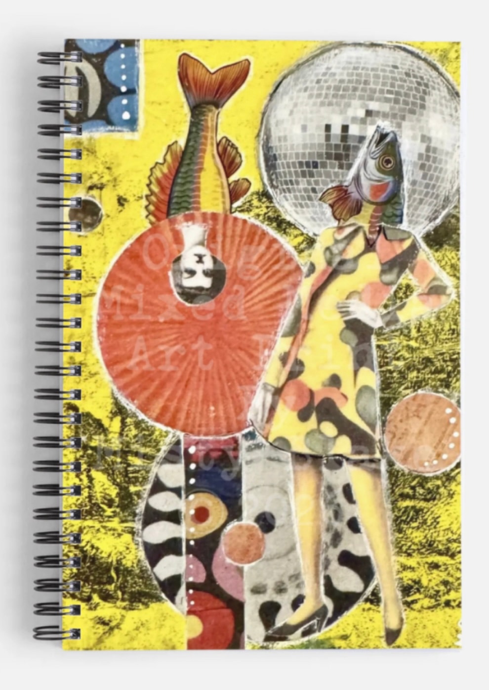 Fish disco ball surreal collage notebook cover yellow background