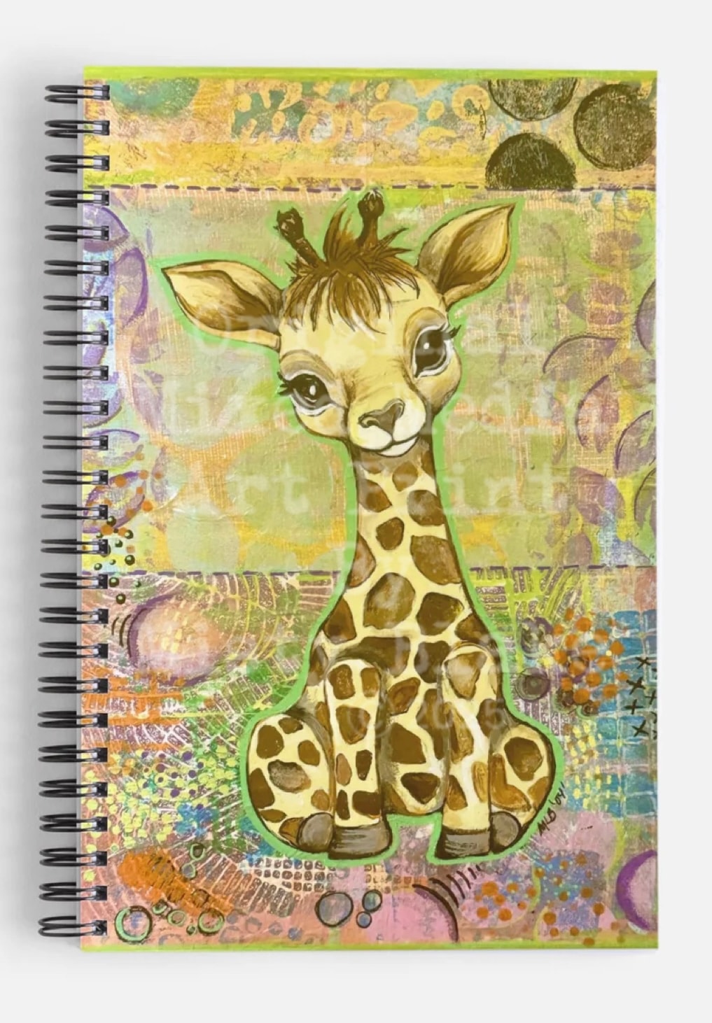 Whimsical baby giraffe illustrated mixed media notebook cover