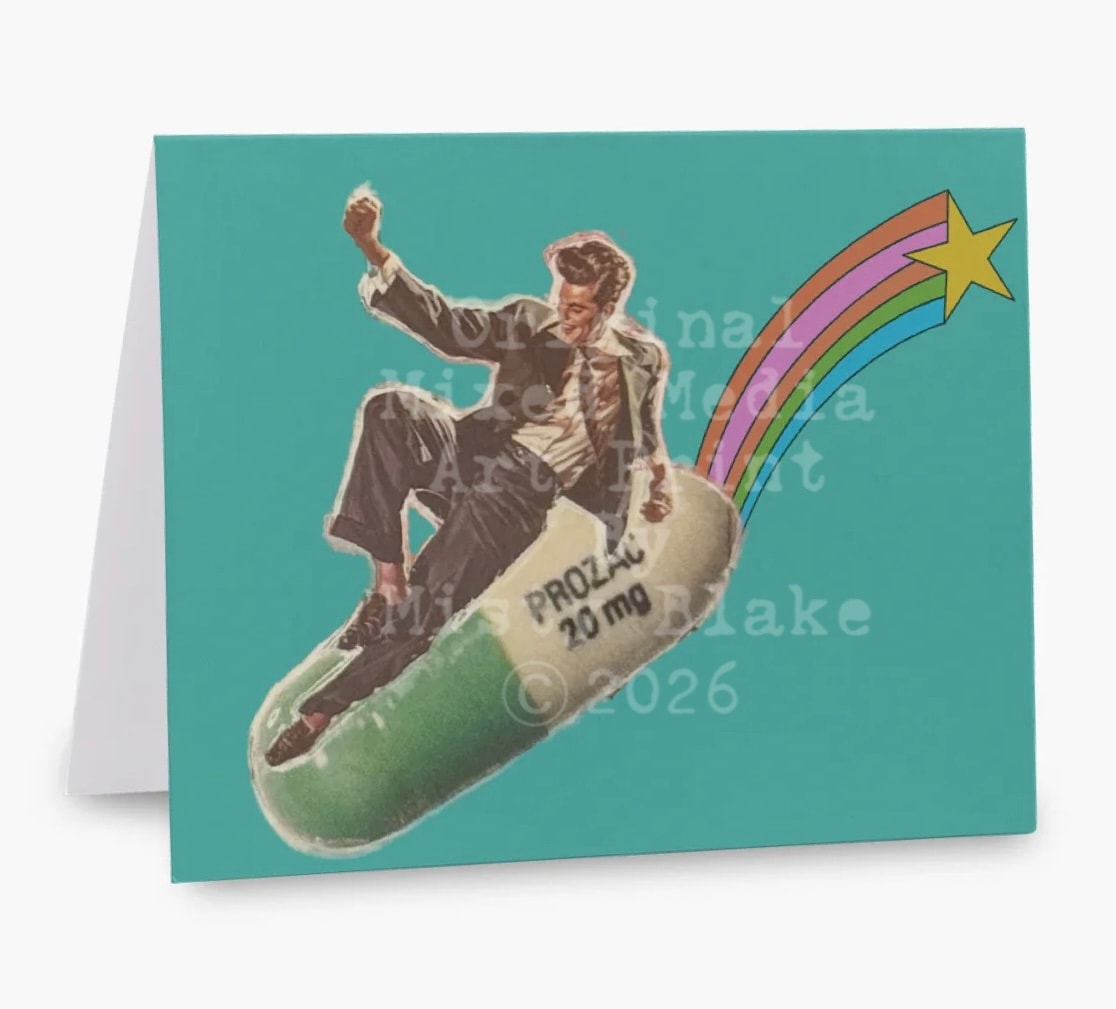 Man riding Prozac pill rainbow shooting star greeting card teal