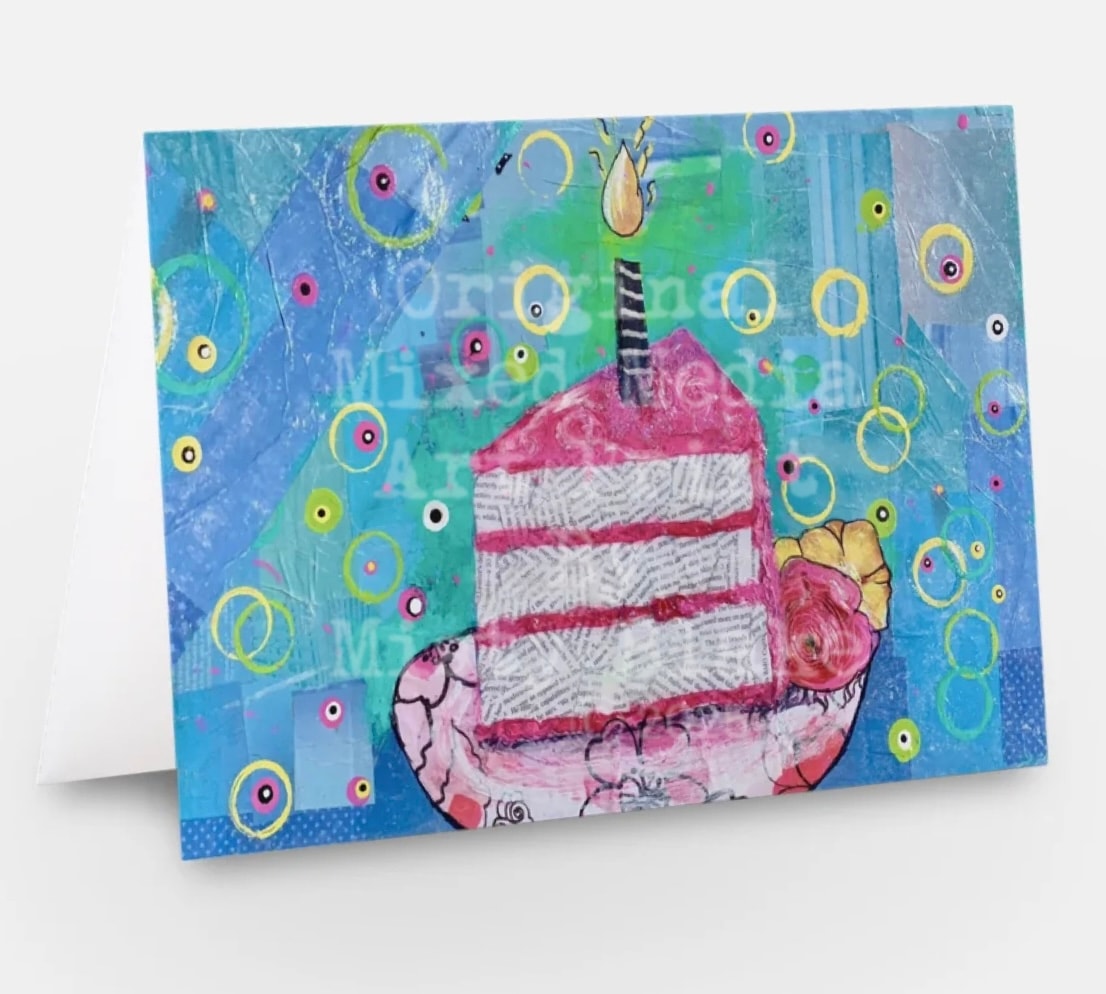Birthday cake slice candle mixed media greeting card blue