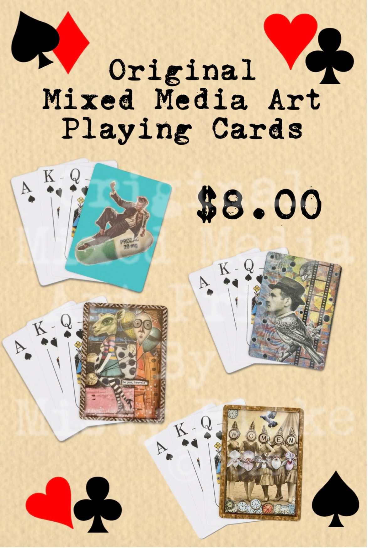 Original mixed media art playing cards product photo set two