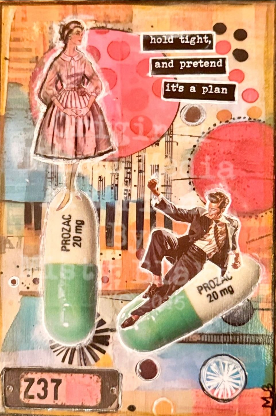 Retro collage vintage figures medication pills
