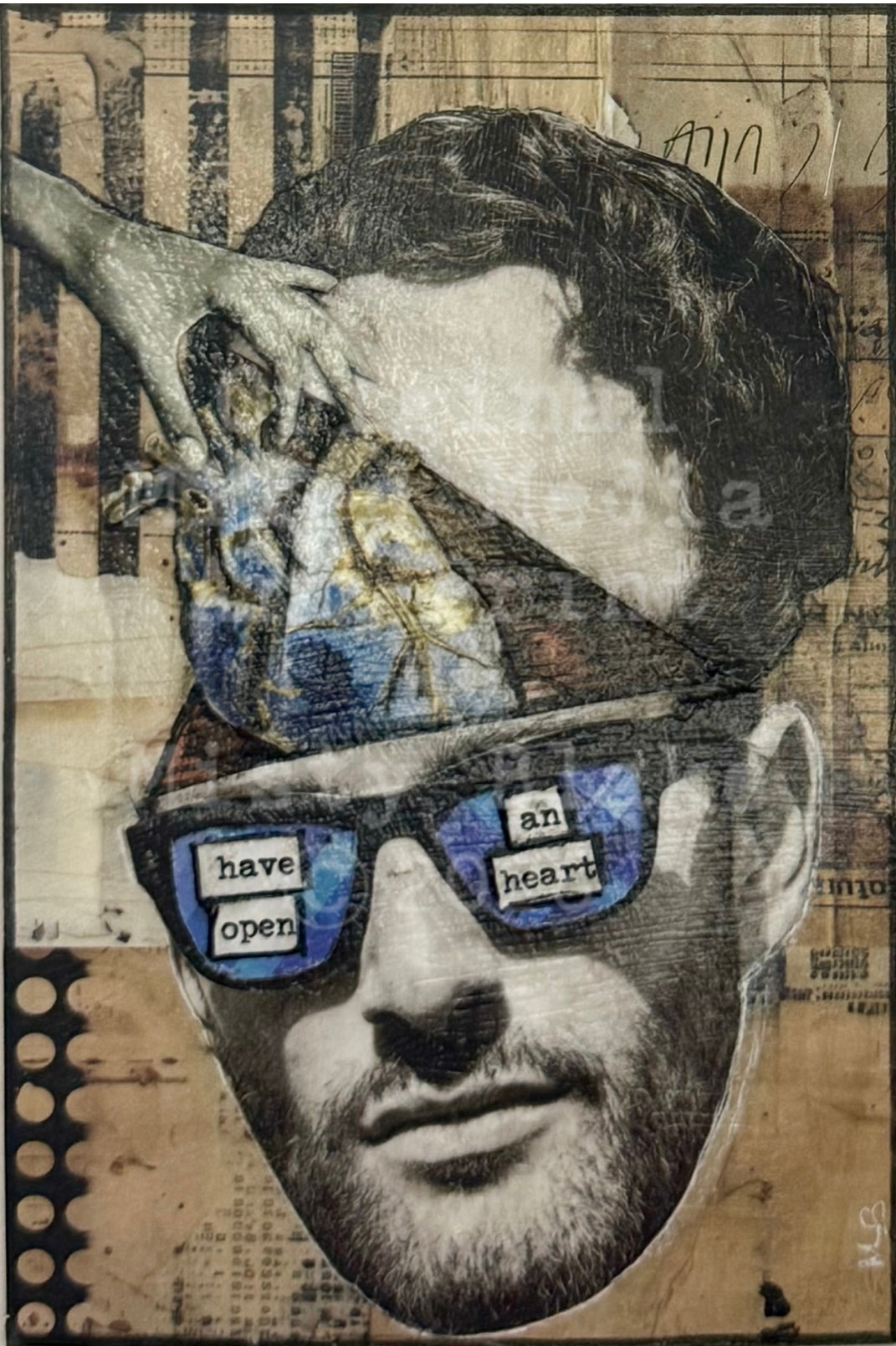 Mixed media collage man with sunglasses have an open heart
